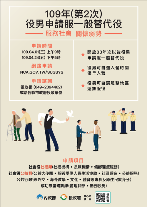 【轉知】109年(第2次)役男申請服一般替代役甄選作業圖片
