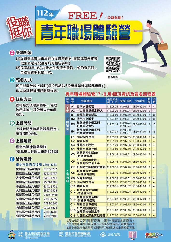 【轉知】臺北市政府兵役局辦理112年「青年職場體驗營」活動訊息圖片