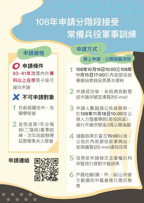 【轉知】內政部辦理108年就讀專科以上83至91年次在學男子，申請分階段接受常備兵役軍事訓練圖片