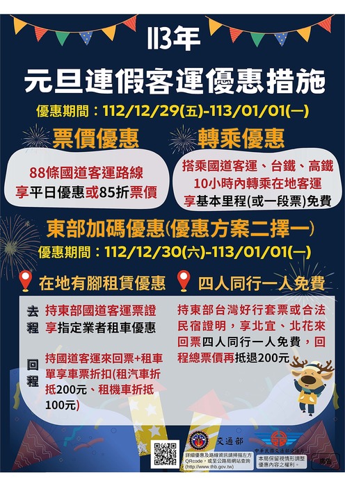 【轉知】113年元旦連續假期公共運輸優惠措施圖片