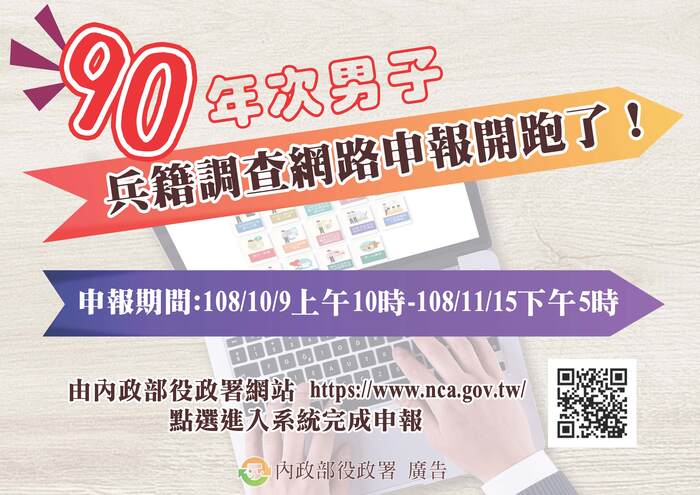 按中華民國男子依法皆有服兵役之義務，並須在19歲徵兵 及齡前一年底至當年2月間接受兵籍調查，建立兵籍資料。 90年次男子明年屆徵兵及齡，於今（108）年10月9日上午 10時至11月15日下午5時，可由內政部役政署網站首頁點選 進入「兵籍調查線上申報」作業系統，登錄兵籍表所需之 個人資料後即可完成兵籍調查作業圖片