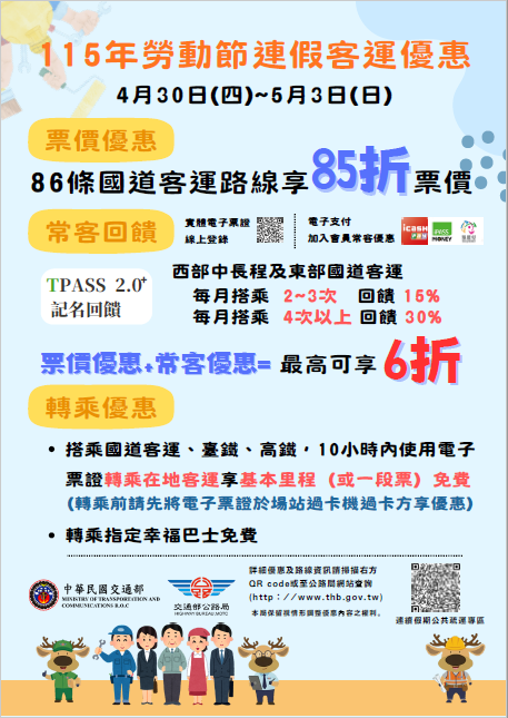 【公告】115年勞動節連假公共運輸優惠措施宣導圖片