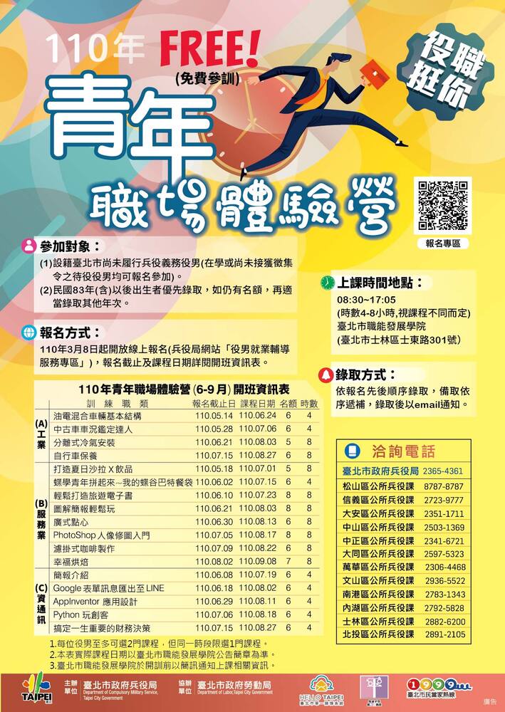 【轉知】臺北市政府兵役局111年「青年職場體驗營」活動圖片