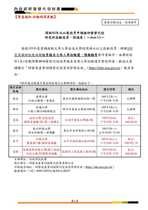 【轉知】開放83年次以後役男申請服研發替代役研究所屆齡役男，照過來！圖片