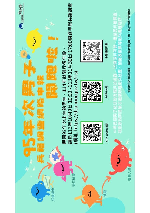 【轉知】內政部113年度「95年次徵兵及齡男子兵籍調查線上申報作業」圖片